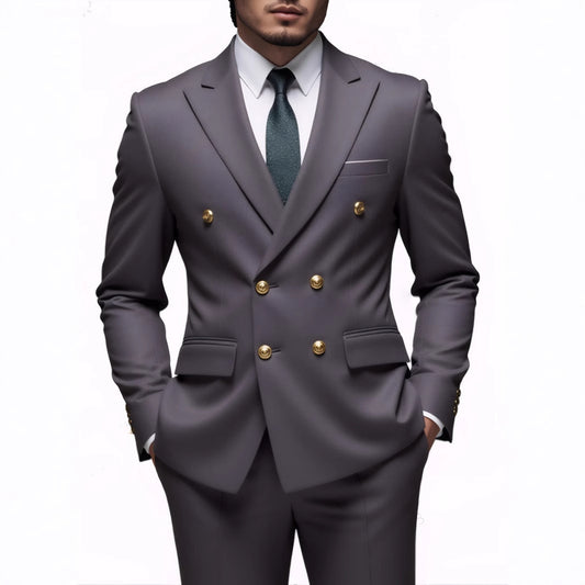 Costume Deux Pièces Infroissable à Boutons Dorés Double Boutonnage